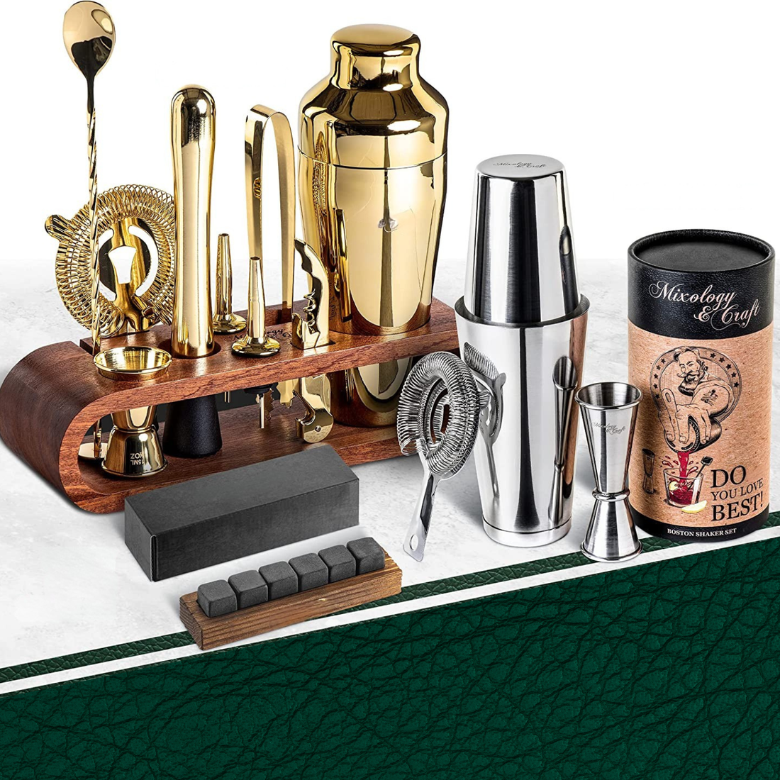 Elegantes Cocktail-Set mit Holzständer